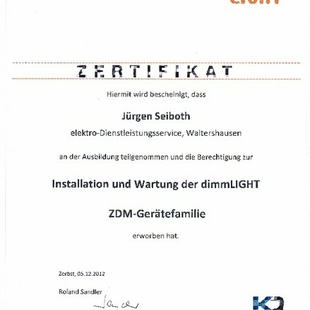 Zertifikat Dimmlig a4c3e1af90 bei Jürgen Seiboth Elektro in Waltershausen
